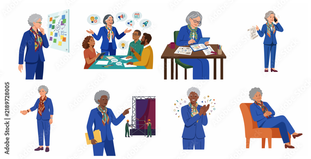 Fototapeta premium Professional Senior Businesswoman Character Set Illustrating Leadership, Teamwork, Strategy, and Success in Various Business Scenarios