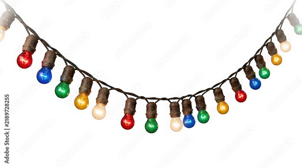 Obraz premium String of colorful decorative light bulbs isolated on transparent background