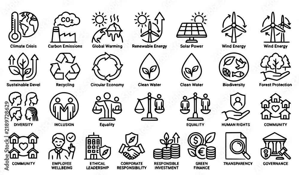 Fototapeta premium Editable ESG Environmental Social Governance Line Icon Set