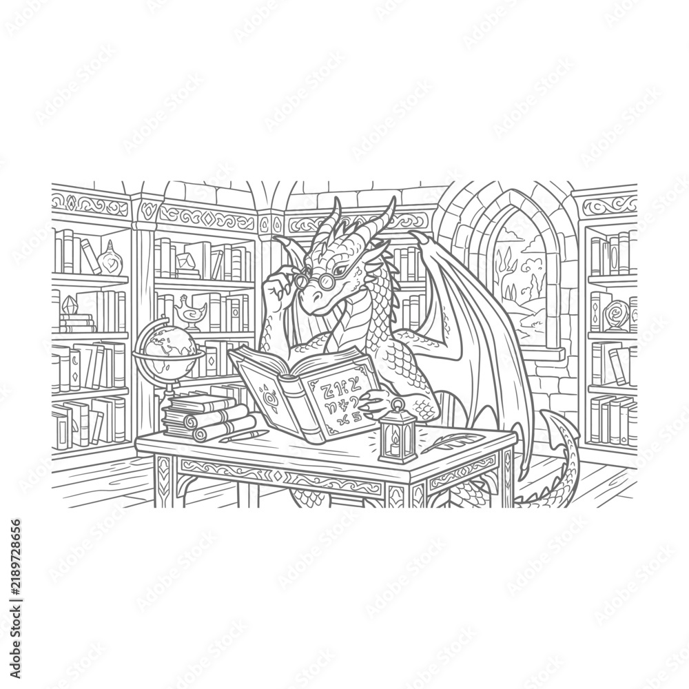 Fototapeta premium Wise Dragon Reading Book in Library Coloring Page.