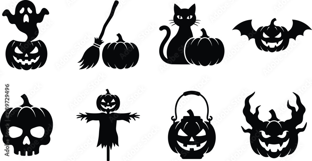 Fototapeta premium Halloween pumpkin character silhouettes vector icon set featuring ghost, witch broom, black cat, skull, scarecrow, and lantern.