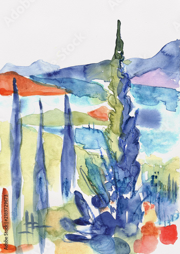 Mediterranean Landscape with Cypress Trees, Expressive Hand-Painted Watercolor