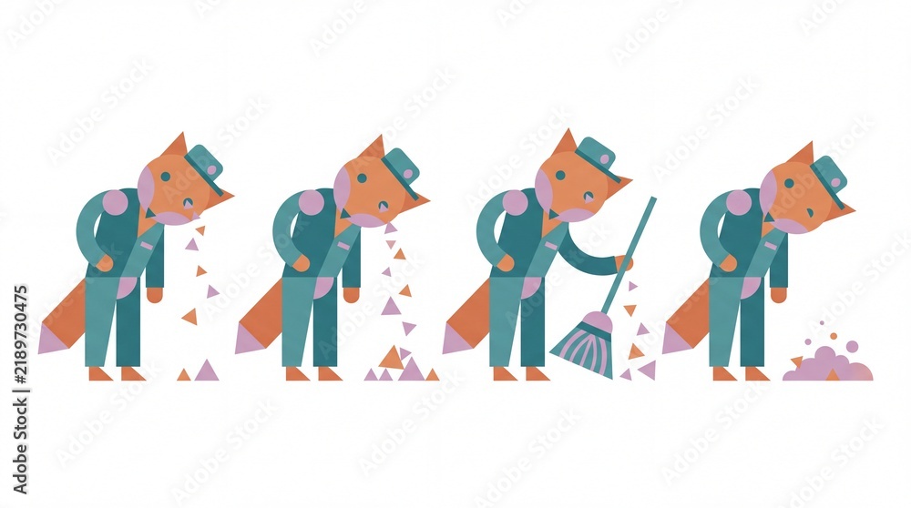 Fototapeta premium Geometric fox janitor illustration sequence shaking sawdust from ears and sweeping