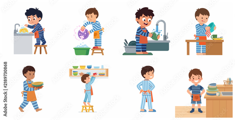 Fototapeta premium Little boy washing dishes and doing household chores cartoon vector illustration set