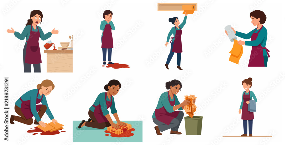 Fototapeta premium Set of characters cleaning up household spills and red liquid messes using paper towels and cloths