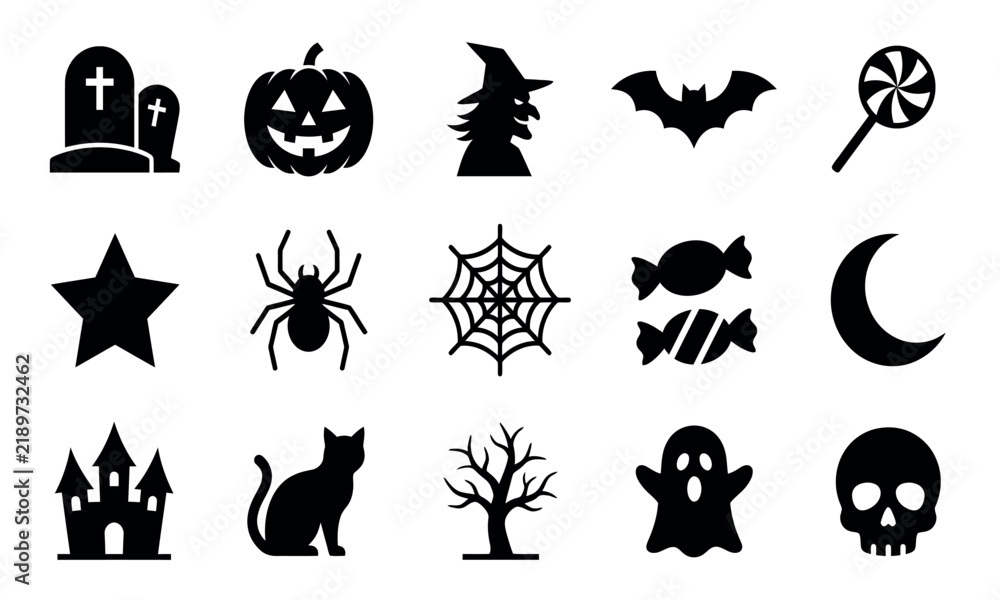 Fototapeta premium Halloween vector icons set with pumpkin, ghost, witch, bat, and skull silhouettes