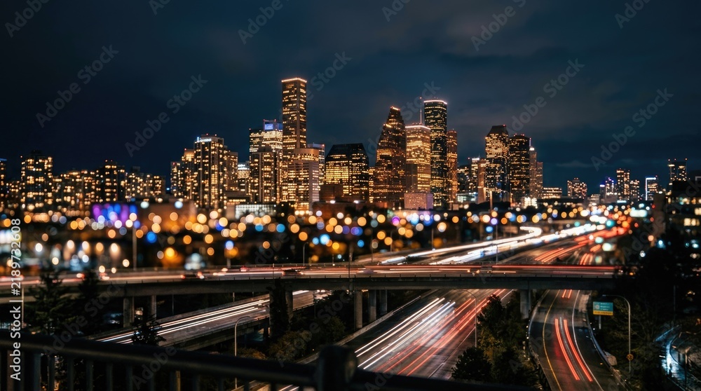Obraz premium Illuminated Modern City Skyline with Highway Traffic Light Trails at Night