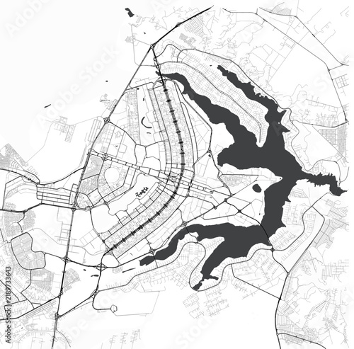 Minimal vector city map of Brasilia with streets, parks and Paranoa Lake