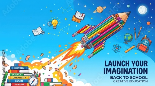 Colorful Pencil Rocket Launching Into Space With Creative Back to School Education Concept