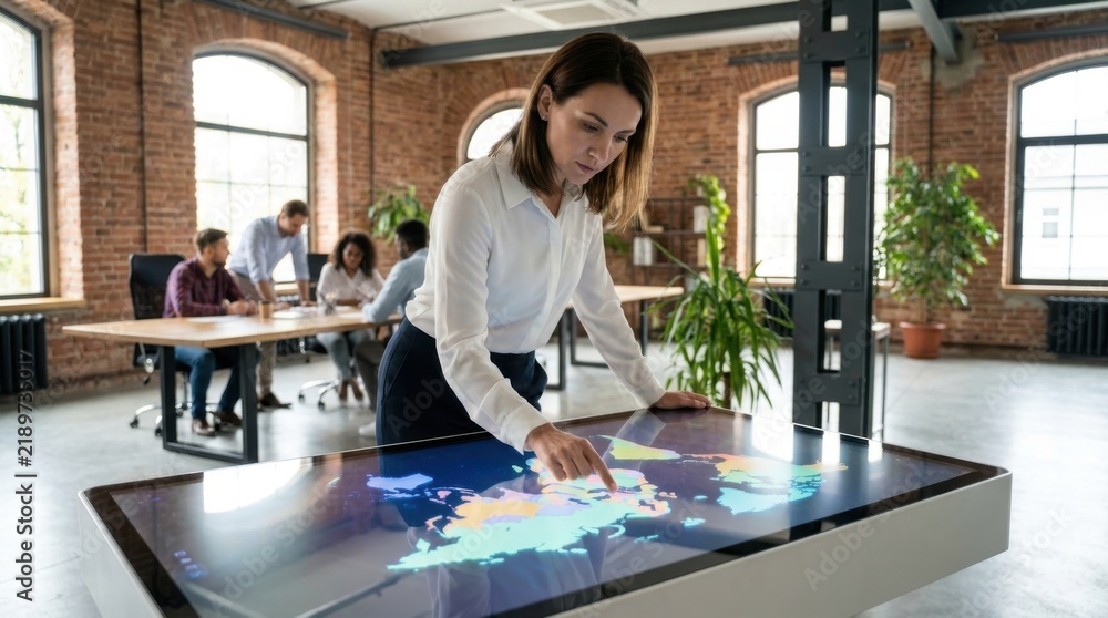Obraz premium Professional woman interacting with large interactive digital map in modern office workspace