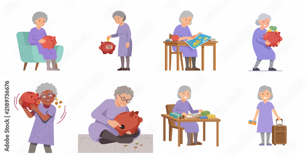 Fototapeta premium Senior Woman Saving Money for Travel Character Set with Piggy Bank and Suitcase