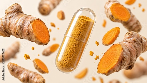 Turmeric powder in a clear capsule surrounded by sliced and whole turmeric roots floating on a neutral background.