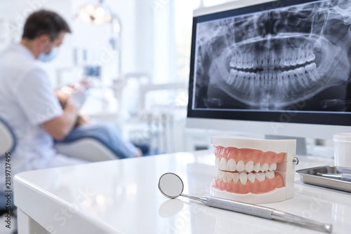 Dental model and mirror beside an X ray monitor