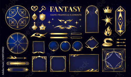 Gothic frames set. Fantasy ui game interface, medieval menu with dark magic corners. Gold devil stream. Decorative ornate borders with magic symbols, elegant icons for cards vector label