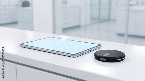 Modern Tablet and Smart Device on White Table in Minimalist Office