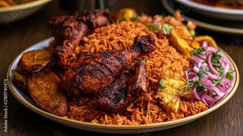 Grilled chicken with jollof rice and plantains