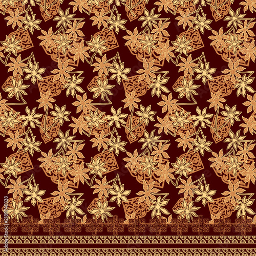 Foto Intricate golden floral pattern on dark red fabric