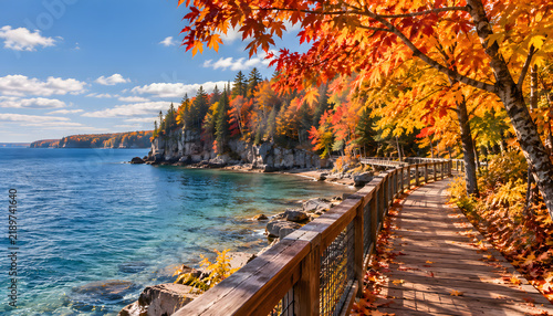 Naklejka 青い海と鮮やかな紅葉を望む秋の海辺の遊歩道