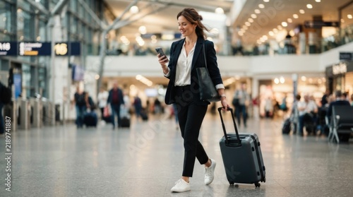 Businesswoman Walking Through Modern Airport Terminal with Smartphone and Carry On Luggage
