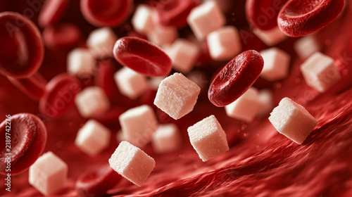 Sugar cubes floating among red blood cells in a human vein. Concept of high blood sugar levels and diabetes mellitus medical research.