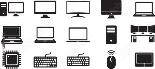 Set of black computer and technology hardware icons