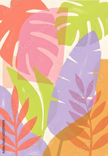 Vibrant Abstract Tropical Leaf Composition with Bold Geometric Shapes and Warm Gradient Colors for Modern Art Design