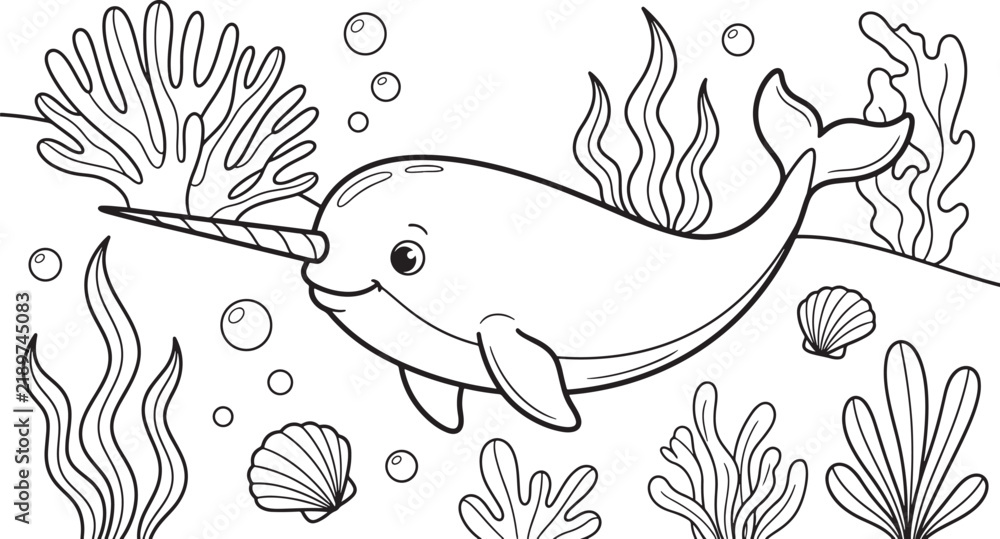 Fototapeta premium A cute narwhal swimming in the ocean, surrounded by coral, seaweed, and seashells, black and white line for children coloring book page, simple cartoon style for kids also transparent background