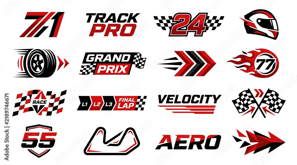 Obraz premium Dynamic collection of racing team logos and motorsport performance graphics featuring track elements and speed indicators isolated on white background vector illustration for sports branding