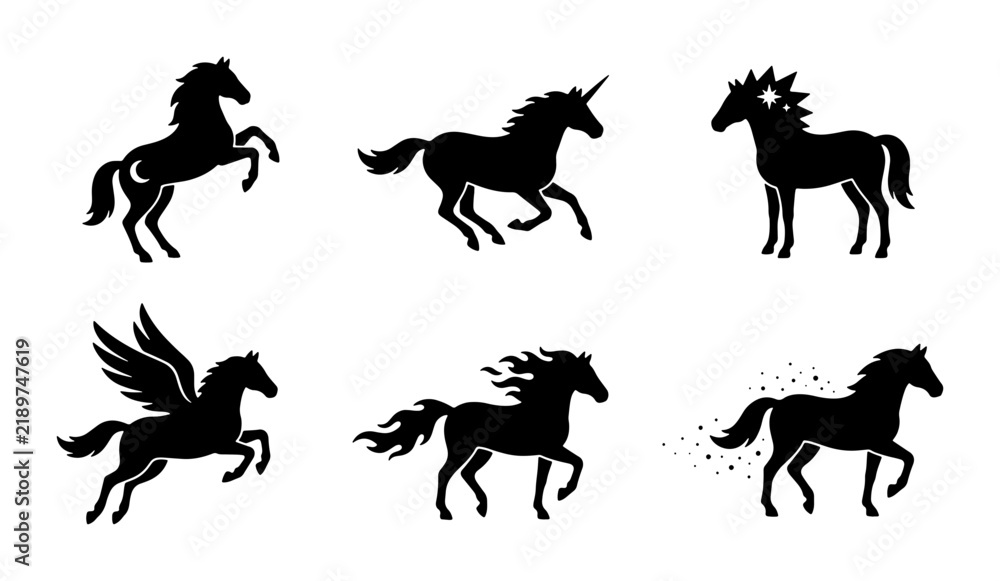Obraz premium Mythical Horse Silhouettes: Unicorn, Pegasus, Fantasy Creatures Collection