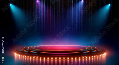 Empty neon stage with colorful spotlights. Circular illuminated platform with pink, blue and purple lighting stands against a dark glittering backdrop for events and presentations