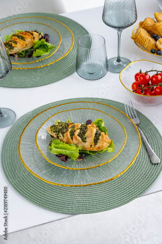 A close-up of an exquisitely presented dish. Dining table with exquisite serving.