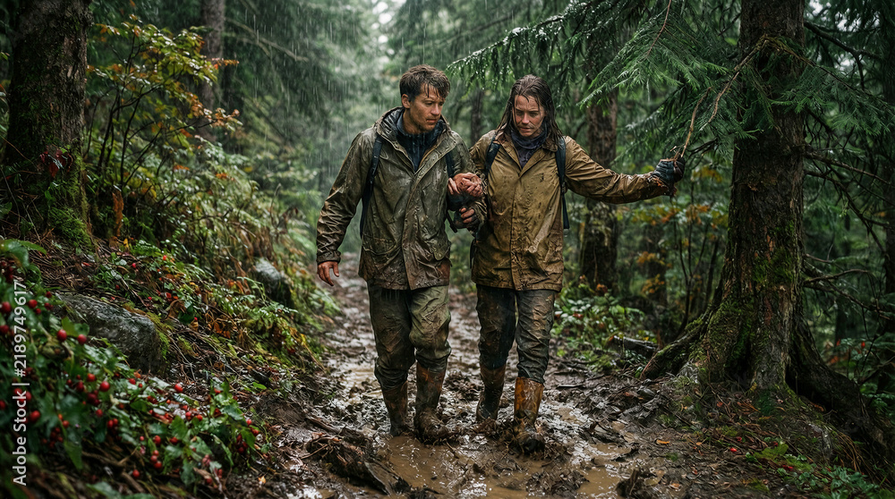 Fototapeta premium Couple in waterproof boots and oilskin jackets navigating steep forest slope