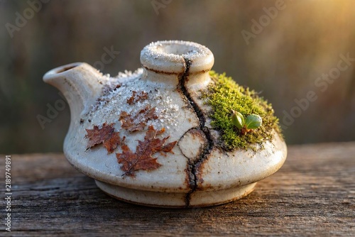 Creative conceptual still life of a cracked ceramic teapot showing a contrast between frost and autumn leaves on one side and green moss on the other on a rustic wooden table.