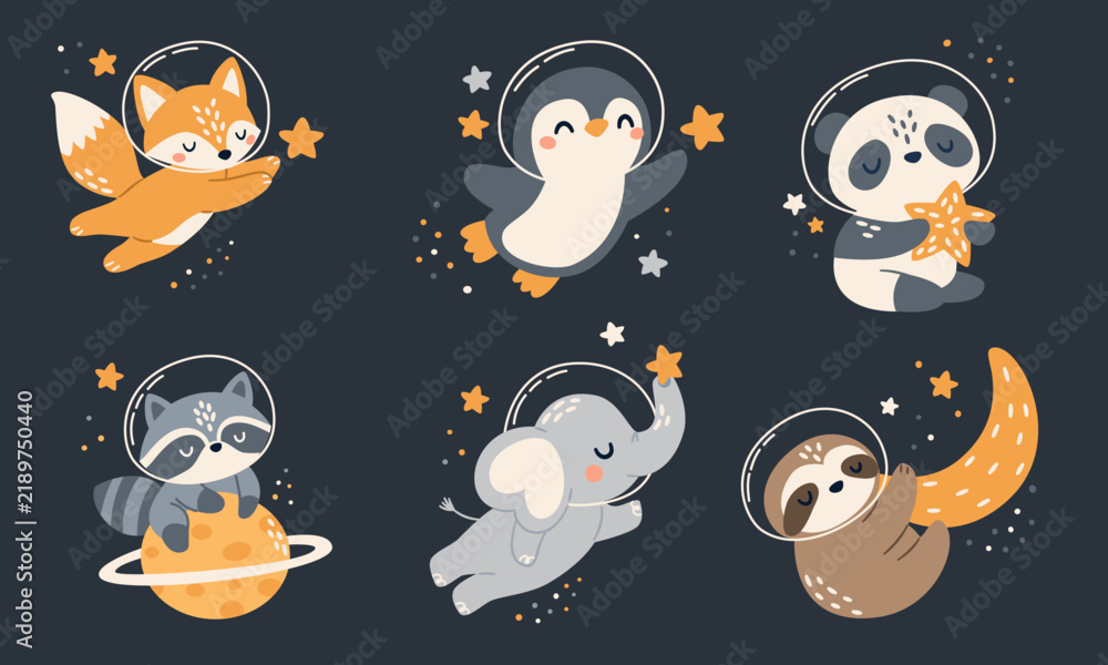 Obraz premium Cute space animals floating in outer space wearing astronaut helmets. Fox, penguin, panda, raccoon, elephant and sloth among stars and planets. Flat vector illustration for kids and space themes