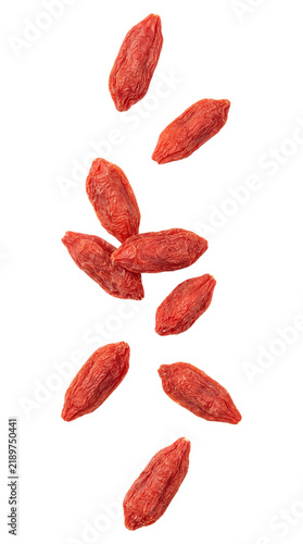 Fotografie Falling dried goji berries isolated on transparent background