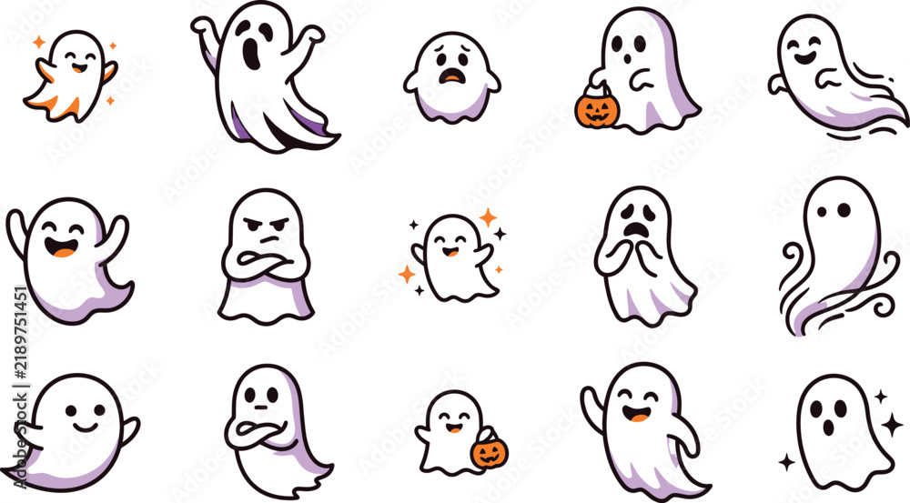 Fototapeta premium Collection of cute cartoon ghosts for halloween and seasonal designs