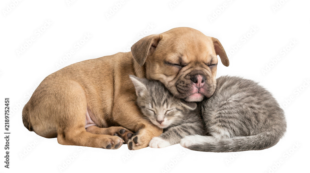 Fototapeta premium Cute puppy and kitten sleeping together isolated on transparent background