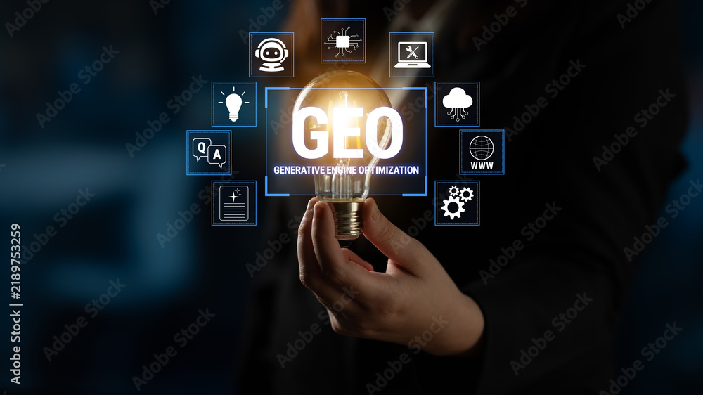 Obraz premium Innovative Approach to Generative Engine Optimization with Lightbulb and Digital Icons Representing Technology and Progress Fluxor.