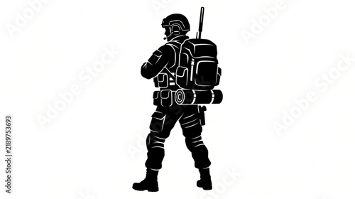 Military observer silhouette stands with rifle and backpack against a white background