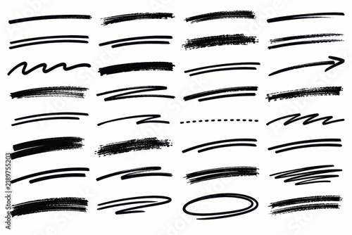 Hand drawn grunge brush underline set with black marker strokes, rough line collection isolated on white background for design projects