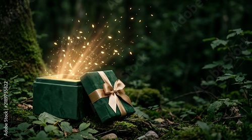 An enchanting depiction of a luxurious dark green gift box bursting with radiant golden light and magical energy suggesting wonder and opulence