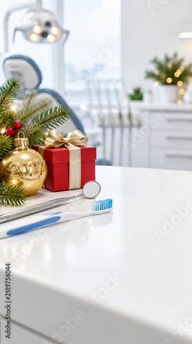 Dental Clinic Holiday Concept: Toothbrush and Mirror Beside Gift Box in 2027
