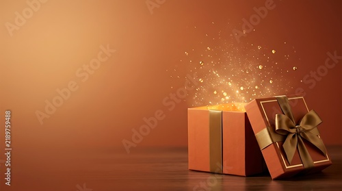 An exquisitely rendered image depicts a luxuriously presented open gift box radiating a warm inviting glow and suggesting a magical delightful surprise within its depths