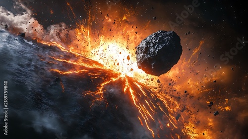 Massive asteroid impacting a planet surface with fiery explosion and debris