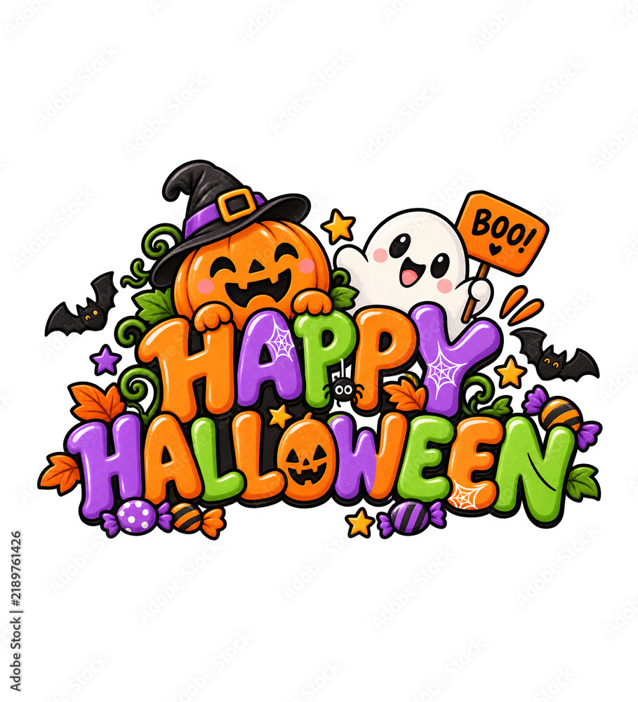 Fototapeta premium Happy Halloween Cute Pumpkin and Friendly Ghost Typography PNG