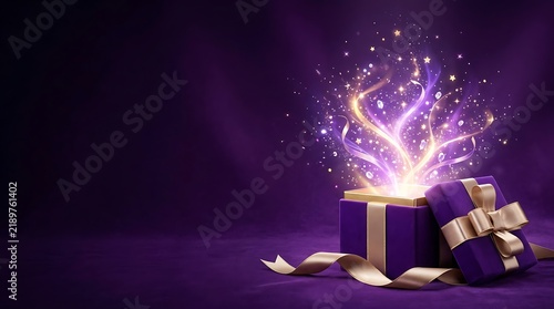 An exquisitely crafted open gift box emits a radiant magical glow revealing a breathtaking explosion of shimmering light and luxurious ethereal energy symbolizing wonder