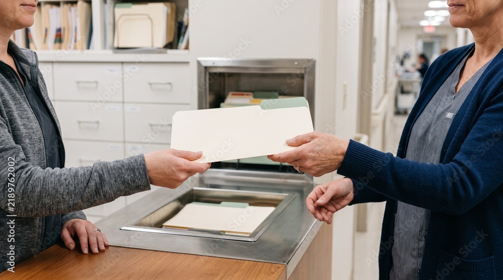 Obraz premium Care coordinators complete a secure folder handoff