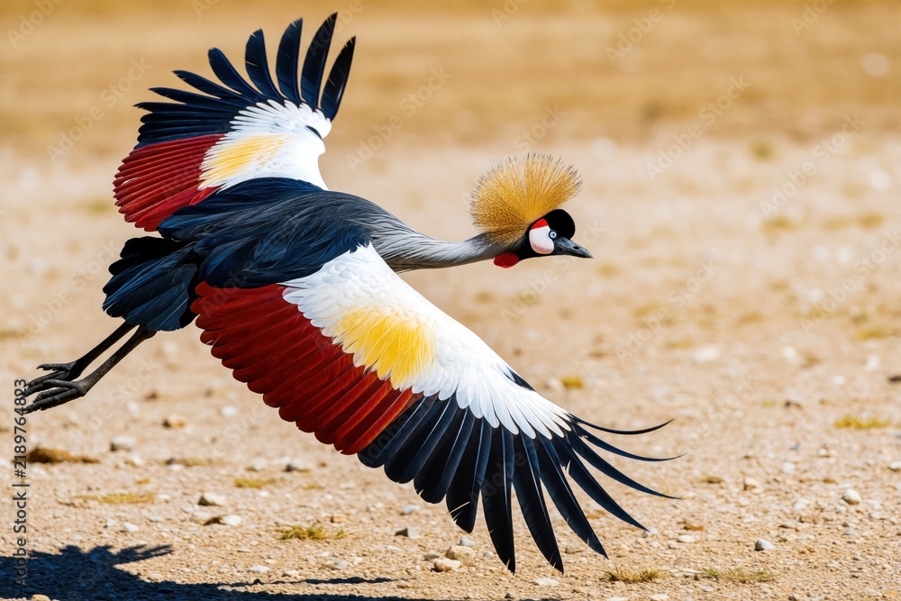 Fototapeta premium Grey crowned crane flies over dry ground. Bird shows colorful wings with red white yellow blue black. Animal has crest on head and long legs.