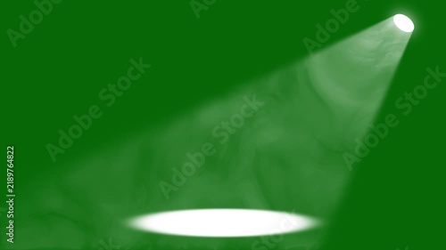 White single spotlight beam glowing on green screen stage floor, seamless chroma key animation, lighting equipment, creating a dramatic and mysterious atmosphere, perfect for short films, 4k loop