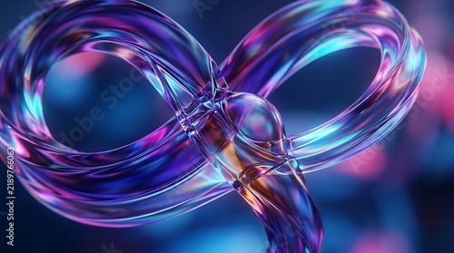 Abstract 3d render of a glowing infinity symbol made of iridescent liquid glass on a dark background
